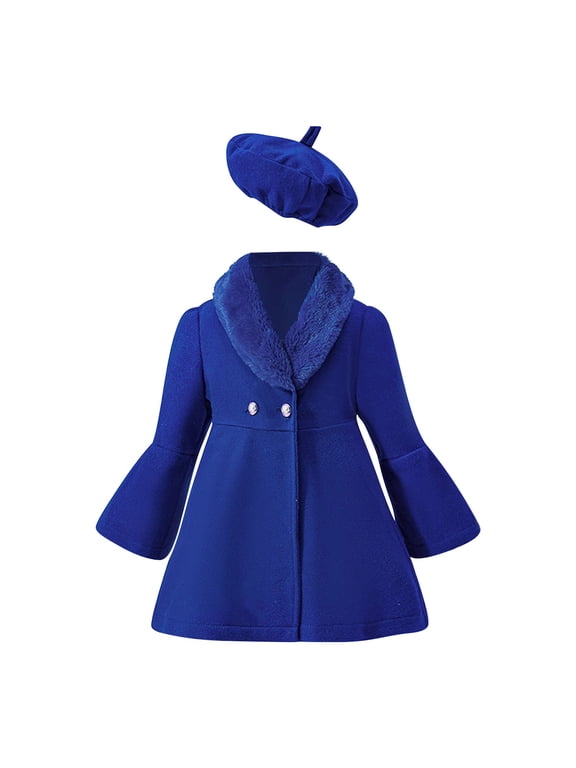 Clearance Kids Girls Trench Coat Hat Set Toddler Girl Solid Color Winter Trench Jacket Outwear Long Sleeve Warm Peacoat with Beret Hat Set (Blue,120)