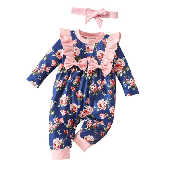 MHZLDYZ Clearance Outfits for Girls 10-12 Infant Newborn Baby Girls Long Sleeve Floral Print Patchwork Bowknot Romper Jumpsuit With Headbands Outfits Set 2Pcs Outfits for Girls (Blue,9M)