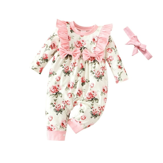 MHZLDYZ Clearance Size 8 Girls Clothes Infant Newborn Baby Girls Long Sleeve Floral Print Patchwork Bowknot Romper Jumpsuit With Headbands Outfits Set 2Pcs Girls Shorts (White,18M)