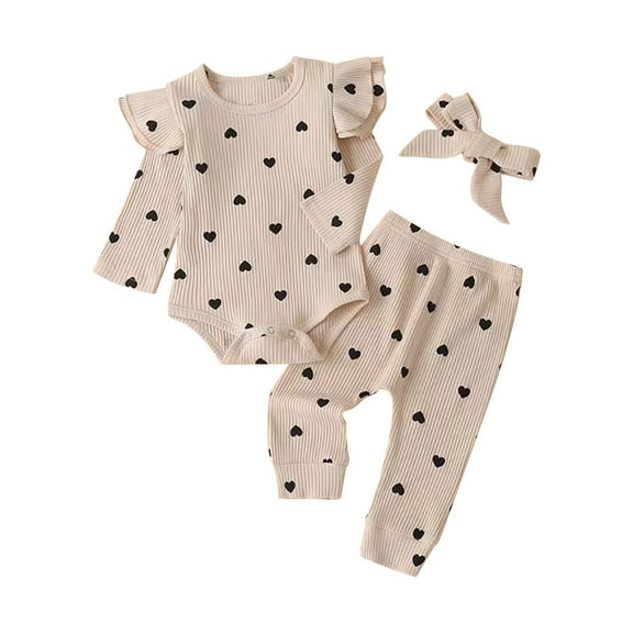 MHZLDYZ Clothes for Girls Newborn 3Pc Set Baby Girl Clothes Infant Girls Outfits Ribbed Ruffled Long Sleeve Love Printed Romper Bodysuit Pants Headband Set (White2,80)