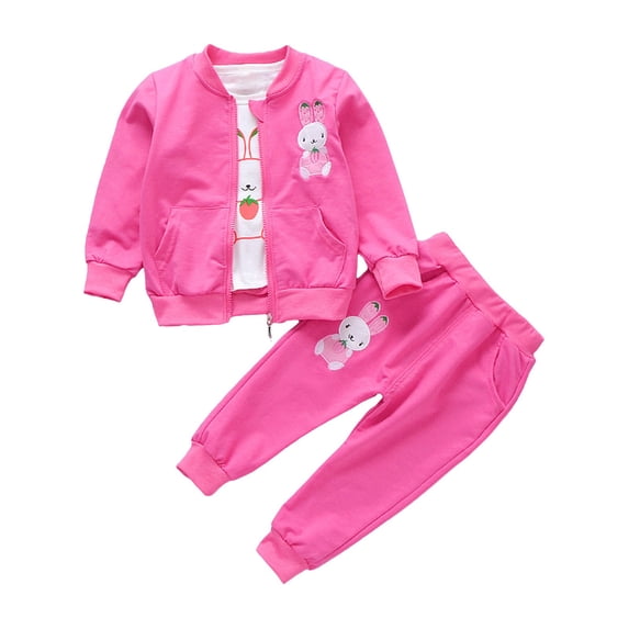 MHZLDYZ Cute Summer Outfits for Girls 10-12 Baby Girl Long Sleeved Bunny Print Top Coat Trouser Set Three Piece for 0 To 4 Years Girls Shirts Size 10-12 Girls' Short Sets (Hot Pink,100)