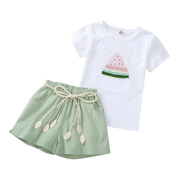 MHZLDYZ Girl Clothes Size 10-12 Summer New Watermelon Printed T Shirt Solid Color Tie Shorts Medium And Big Girls Fashion Casual Suit Girls 10-12 Summer Outfits Size 8 Girls Clothes (Green,130)