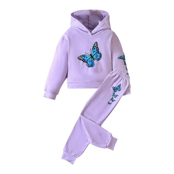 MHZLDYZ Girl Clothes Size 6 Toddler Girl Butterfly Print Long Sleeve Hoodie Pants Set for 1 To 8 Years Girls Summer Clothes Little Girl Summer Outfits Girls Short Sets Size 10-12(Purple,130)