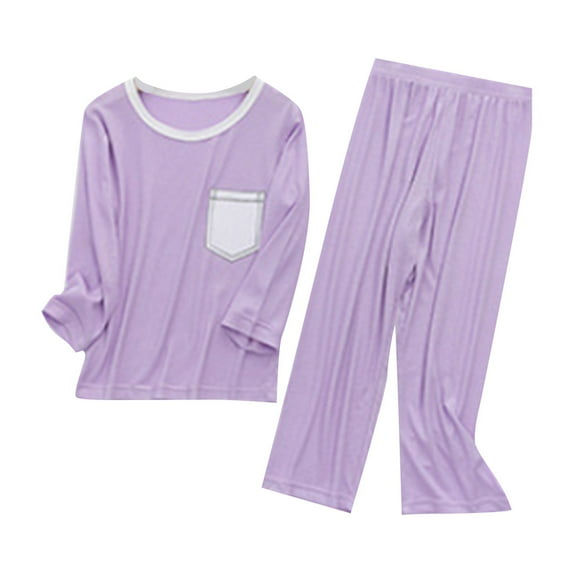 MHZLDYZ Girl Clothes Spring/Summer New Polychrome Children's Casual Home Furnishing Long Sleeve Pocket Top+Solid Color Pants Two Piece Set Girls Rompers Size 7-8 Clothing (Purple,170)