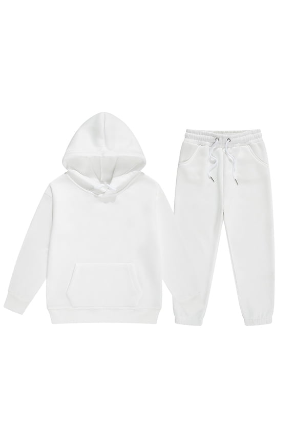 Girl's Boys 2Pcs Set Solid Color Long Sleeve Pullover Hooded Sweatshirt Set Sweatsuits and Casual Sweatpants with Pocket Outfits Tracksuit (White,150)