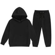 MHZLDYZ Girls 10-12 Summer Outfits Girl's Boys 2Pcs Set Solid Color Long Sleeve Pullover Hooded Sweatshirt Set Sweatsuits and Casual Sweatpants with Pocket Outfits Tracksuit (Black,150)