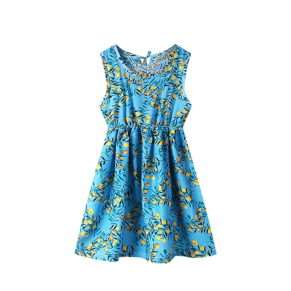 MHZLDYZ Girls 7/8 Summer Clothes Girls Toddler Kids Crew Neck Summer Sleeveless Sundress Casual Beach Floral Prints Party Dress Summer Dress for Girls Girls Summer Dress(Blue,130)