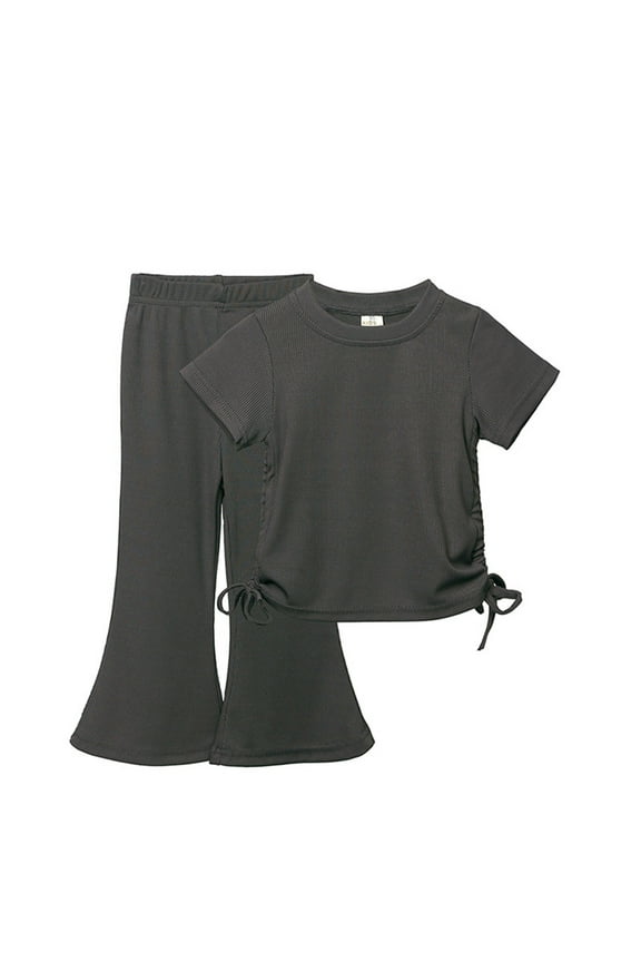 Girls Shorts Girls Solid Color Drawstring Short Sleeve Flared Pants Two Set Outfits for Girls 10-12 Girls Summer Outfits Girls Rompers Size 7-8(Gray2,100)