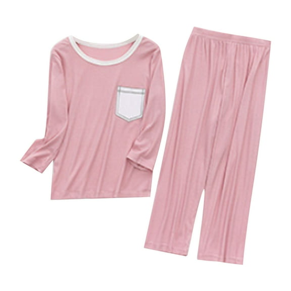 MHZLDYZ Girls Clothes Size 10 12 Spring/Summer New Polychrome Children's Casual Home Furnishing Long Sleeve Pocket Top+Solid Color Pants Two Piece Set Girls Short Sets Size 10-12 (Pink,160)
