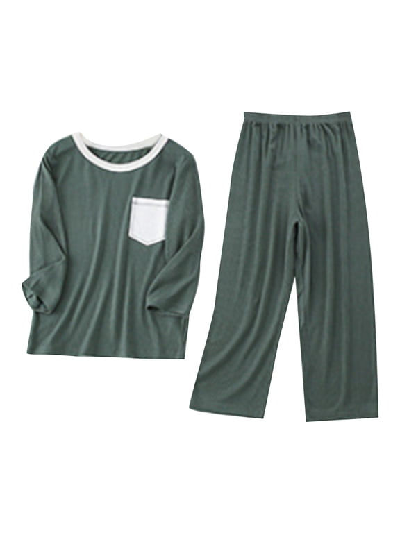 Girls Clothes Size 7 Spring/Summer New Polychrome Children's Casual Home Furnishing Long Sleeve Pocket Top+Solid Color Pants Two Piece Set Kids Clothes Girls (Green,100)