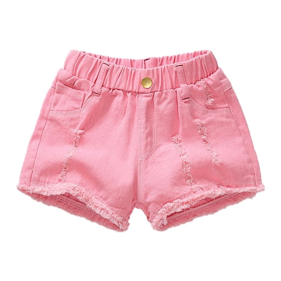 MHZLDYZ Girls Kids Denim Short with Pocket Girls Stretch Jean Shorts Solid Color High Waist Ripped Jeans Distressed High-Waisted Shorts (Pink,140)