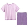 thumbnail image 1 of MHZLDYZ Girls Outfit Summer New Multi Color Children's Home Furnishing Solid Short Sleeve Round Neck Top+Shorts Two Piece Set Girls Clothes Size 7 10-12 Girls Outfits (Purple,160), 1 of 6