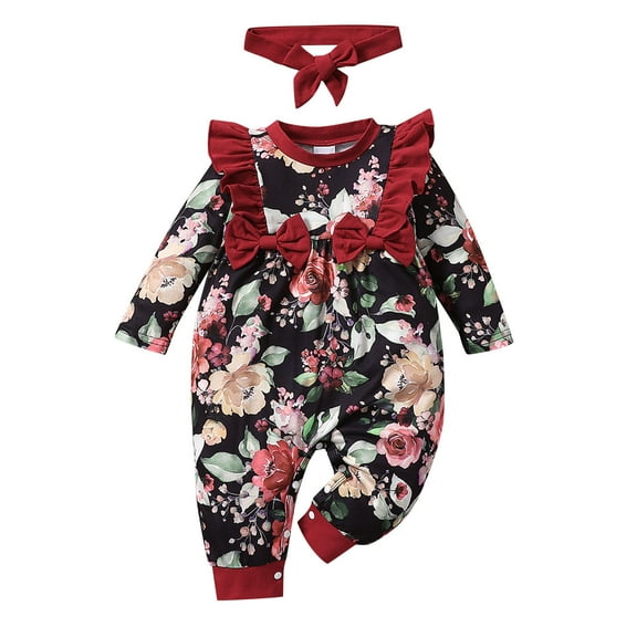 MHZLDYZ Girls Outfits Size 10-12 Infant Newborn Baby Girls Long Sleeve Floral Print Patchwork Bowknot Romper Jumpsuit With Headbands Outfits Set 2Pcs Cute Summer Outfits for Girls 10-12 (Black,9M)