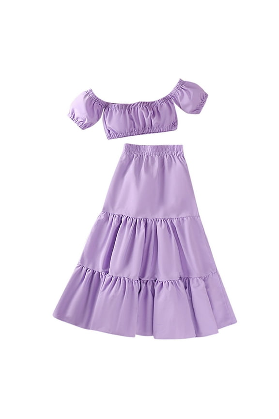 Girls Outfits Size 6 Toddler Kids Girls Summer Short Bubble Sleeve Tops Blouse Solid Skirt Outfit Clothes Set 2Pcs 6T Girls Clothes Girls Clothes Size 7 Girls Outfits Size 10-12(Purple,120)