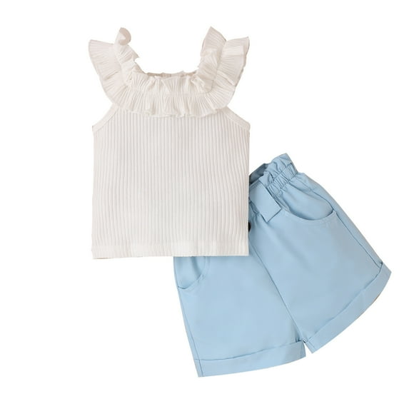 MHZLDYZ Girls Outfits Toddler Summer Girls Clothes Fly Sleeve Solid Color Ribbed Tops Plaid Shorts 2Pcs Suit Children Clothing Set Girls Outfits Size 10-12 Summer Clothes for Girls 10-12 (Blue,100)