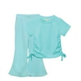 thumbnail image 1 of MHZLDYZ Girls Hawaiian Outfit Toddler Girls Solid Color Drawstring Short Sleeve Flared Pants Two Set Children Outer Home Clothing Outfits(Blue,110), 1 of 6