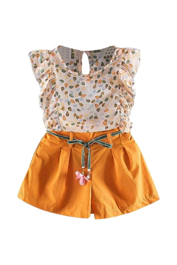 Girls Short Sets Size 10-12 Summer New Girls Fashion Chiffon Suit Floral Polka Dot Suit Flying Sleeve Chiffon White Pants Suit Girls Summer Shirts Cute Summer Outfits for Girls 10-12 (H,100)