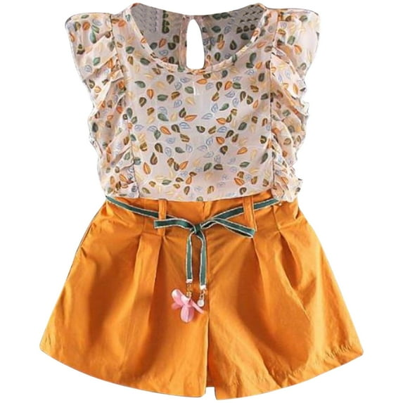 MHZLDYZ Girls Short Sets Size 10-12 Summer New Girls Fashion Chiffon Suit Floral Polka Dot Suit Flying Sleeve Chiffon White Pants Suit Girls Summer Shirts Cute Summer Outfits for Girls 10-12 (H,100)