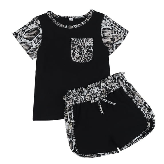 MHZLDYZ Girls Short Sets Size 10-12 Toddler Girls Short Sleeve Cartoon Fashion Prints Tops T Shirt Shorts 2Pcs Sets Outfits Girls Rompers Size 7-8 Cute Summer Outfits for Girls 10-12 (Black,90)