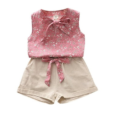 MHZLDYZ Girls Short Sets Size 7-8 Toddler Girl Sleeveless Bow Tie Floral Pattern Top And Solid Color Pocketed Shorts With Belt Summer Girl's Outfits Girls Short Sets Girls Summer Tops (Pink,130)