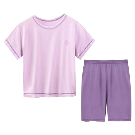 MHZLDYZ Girls Short Sets Summer New Multi Color Children's Home Furnishing Solid Short Sleeve Round Neck Top+Shorts Two Piece Set Size 6 Girls Clothes Girls Summer Outfits Size 10-12 (Purple,180)