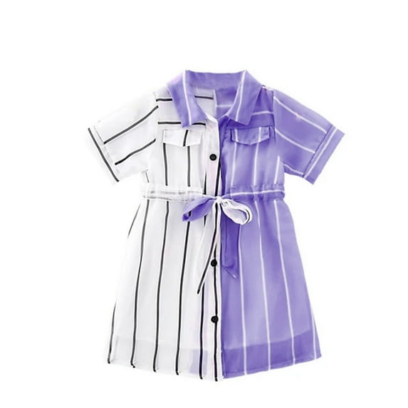 MHZLDYZ Girls Short Sleeve Dress Kids Girls' Dress Color Block Short Sleeve Casual Cute Daily Cotton Shirt Dress Summer Dress Girls Dresses Summer Clothes for Girls(Purple,130)