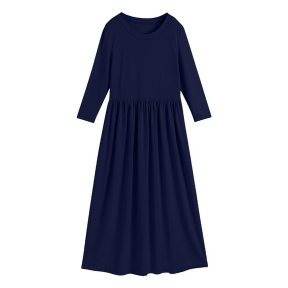 MHZLDYZ Girls Short Sleeve Dress Toddler Girl Long Sleeve Scoop Neck Soild Loose Casual Daily Wear Long Maxi Princess Dress Dress for Girls Girl Dresses(Navy Blue,140)