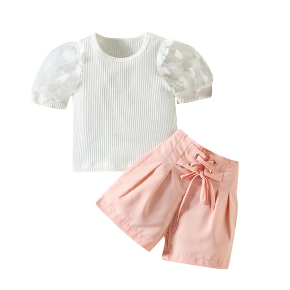 MHZLDYZ Girls Shorts Toddler Girls Summer Short Sleeve Solid Color Ribbed Tops Shorts 2Pcs Outfits Clothes Set for Children Clothes Clothes for Girls Girls Summer Outfits (White,100)