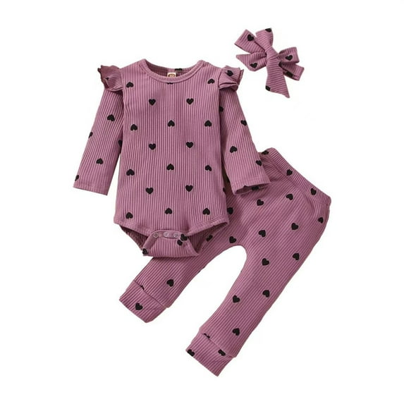 MHZLDYZ Girls Size 8 Summer Outfits Newborn 3Pc Set Baby Girl Clothes Infant Girls Outfits Ribbed Ruffled Long Sleeve Love Printed Romper Bodysuit Pants Headband Set (Purple,100)
