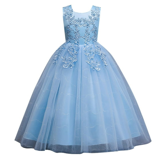 MHZLDYZ Girls Spring Dresses Size 14-16 Flowers Little Girls Tulle Lace Wedding Party Dress for Kids formal Birthday Princess Pageant Prom Maxi Gown Dresses for Teens (Blue,140)