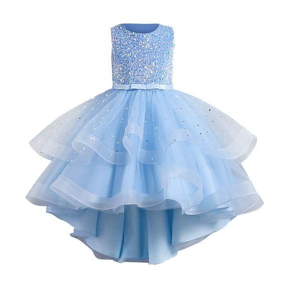 MHZLDYZ Girls Summer Dress Big Girls Party Dress Sequins Puffy Yarn Trailing Dress Wedding Gowns Dresses Piano Performance Dresses(Blue,120)