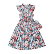 MHZLDYZ Girls Summer Dresses Girls Big Kids Summer Sleeveless Floral Print Princess Dresses Dresses 7 12 Years Old Summer Dresses for Girls Dresses for Girls Girls Spring Dress(Blue,9Y)