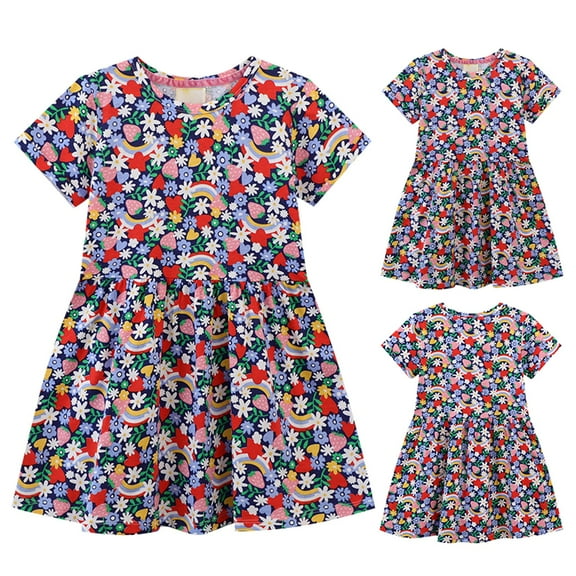 MHZLDYZ Girls Summer Dresses Size 10-12 Summer New Children's Clothing Skirt Wind Girl Flowers Dress Knitted Cotton Cartoon Printing Princess Dress Summer Dress for Kids Girls Dresses(A,110-120)
