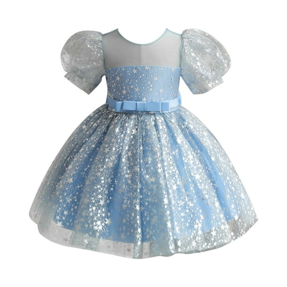 MHZLDYZ Girls Summer Dresses Toddler Kids Baby Girl Ruffle Lace Pageant Party Wedding Sequin Sparkling Tulle Dress Girl Short Sleeve Princess Dresses Cosplay Costumes (Blue,110)