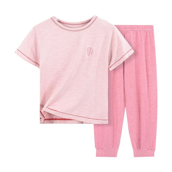 MHZLDYZ Girls Summer Outfits Children's Solid Color Short Sleeved T Shirt + Trousers Summer Daily Casual Home Clothes Girls Short Sets Size 7-8 Girls Rompers Size 7-8 Cute Clothes for Girls(Pink,130)