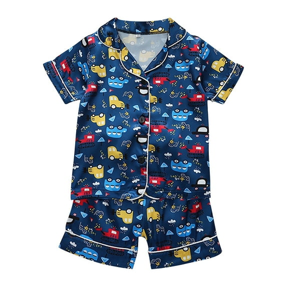 MHZLDYZ Girls Summer Shirts Boys Girls Cute Printed Short Sleeve Shorts Satin Pajamas Universal Loungewear Set Girls Outfits 8 Year Old Girl Clothes Girls Size 8 Summer Outfits(Blue2,120)