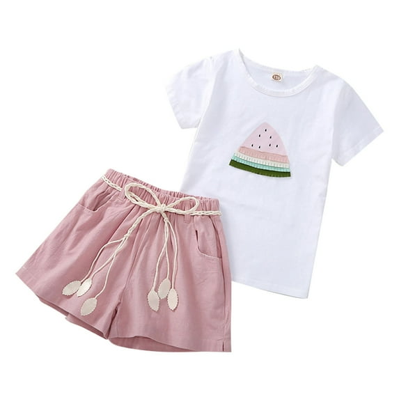 MHZLDYZ Girls Summer Tops Summer New Watermelon Printed T Shirt Solid Color Tie Shorts Medium And Big Girls Fashion Casual Suit Girls' Clothing Sets Clothes for Kids Kids Summer Clothes(Pink,140)
