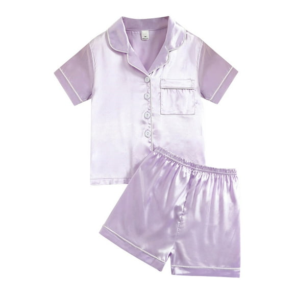 MHZLDYZ Hawaiian Shirt for Girls Boys Girls Summer Solid Color Satin Simulation Silk Short Sleevees Shorts Middle And Large Children's Homewear Pajamas Set Summer Outfits for Girls (Purple,140)