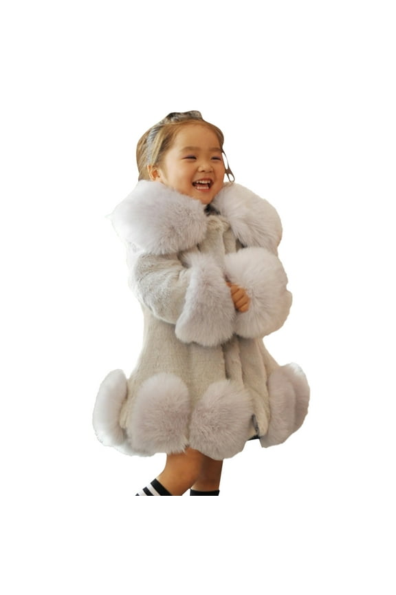 Kids Girls Winter Warm Coats Jacket Toddler Girls Faux Fur Thicken Fleece Outwear Overcoat Winter Warm Solid Color Woolen Outerwear Jacket (Gray,90)