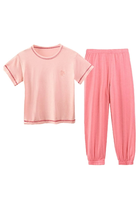 Kids Hawaiian Shirt Girls Summer New Multi Color Children's Home Furnishing Solid Short Sleeve Round Neck Top+Pants Two Piece Set Size 8 Girls Clothes 7 Year Old Girl Clothes (Pink,160)