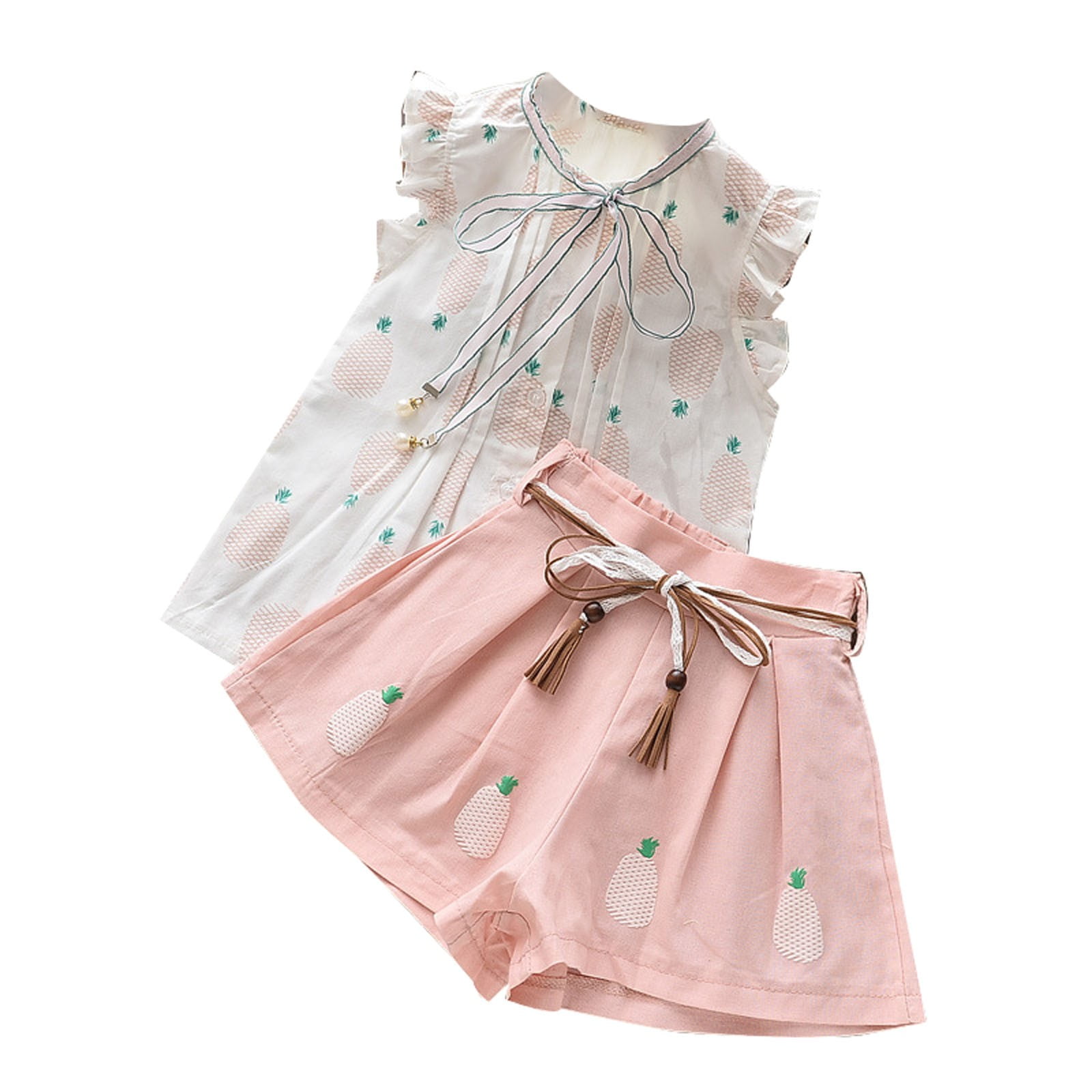 MHZLDYZ Little Girl Summer Outfits Summer Girls Pineapple Print Small Flying Sleeve Shirt Solid