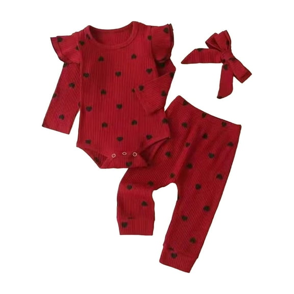 MHZLDYZ Newborn 3Pc Set Baby Girl Clothes Infant Girls Outfits Ribbed Ruffled Long Sleeve Love Printed Romper Bodysuit Pants Headband Set (Red1,100)