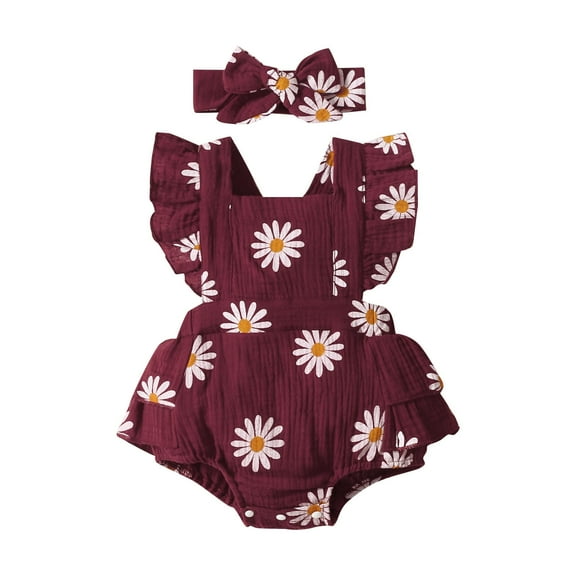 MHZLDYZ Newborn Baby Boy Clothes Newborn Baby Girl Clothes Daisy Print Crepe Fabric Baby Romper Set Infant Girl Outfits 2Pc Set 6-9 Month Onesies Unisex Newborn Clothes (Wine Red,0-3M)