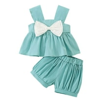 MHZLDYZ Outfits for Girls Summer Toddler Girls Sleeveless Bowknot Tops Shorts Two Piece Outfits Set for Kids Clothes Girls Summer Outfits Size 10-12 Girls Summer Clothes Size 10 12 (Blue,12)