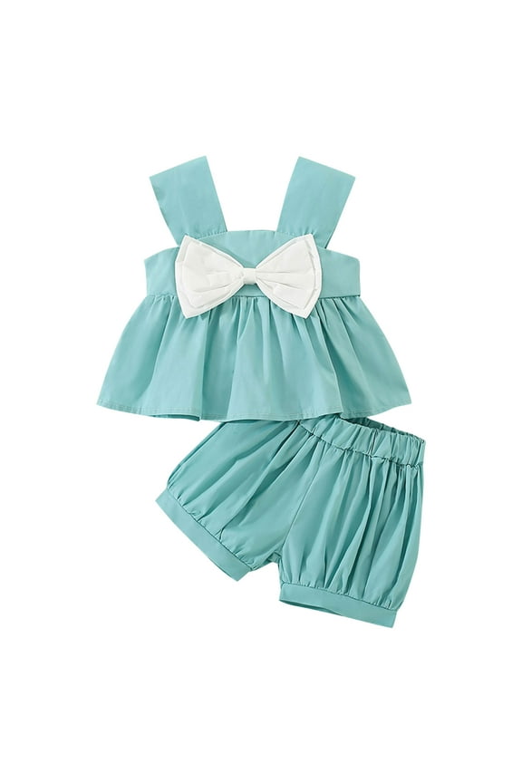 Outfits for Girls Summer Toddler Girls Sleeveless Bowknot Tops Shorts Two Piece Outfits Set for Kids Clothes Girls Summer Outfits Size 10-12 Girls Summer Clothes Size 10 12 (Blue,12)