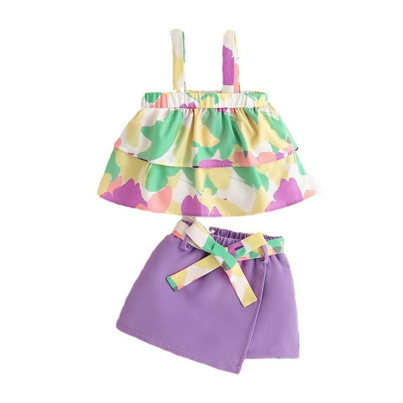 MHZLDYZ Size 6 Girls Clothes Summer Girls Cute Set Baby Colorful Printed Sleeveless Cake Top Lace Up Skirt Pants Suitable for Children Girls Short Sets Size 10-12 Girls Outfits Size 6 (Purple,2Y)