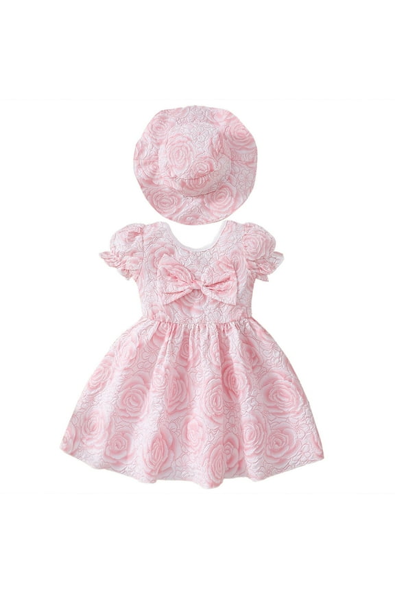 Size 6 Girls Clothes Toddler Girls Summer Short Sleeved Rose Print Sweet Bow Dress Princess Dress With Hat Girls Shirts Size 7-8 Girls Outfits Size 6 Girls Clothes Size 7(Pink,4Y)