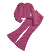 MHZLDYZ Size 8 Girls Clothes Girls Big Girls 2024 Autumn And Winter New Long Sleeve Solid Color Stripe Top Flared Pants Set(Hot Pink,8Y)