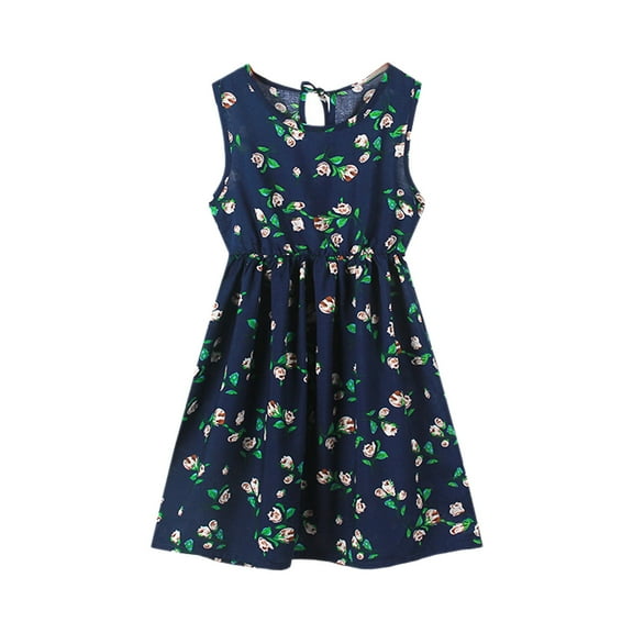 MHZLDYZ Spring Dress Girls Girls Toddler Kids Crew Neck Summer Sleeveless Sundress Casual Beach Floral Prints Party Dress Spring Dresses for Teens Girls Cotton Dress(Dark Blue,110)