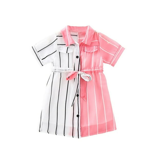 MHZLDYZ Girls Spring Dress Kids Girls' Dress Color Block Short Sleeve Casual Cute Daily Cotton Shirt Dress Summer Dress Summer Dresses for Girls Spring Dresses for Girls(Pink,110)
